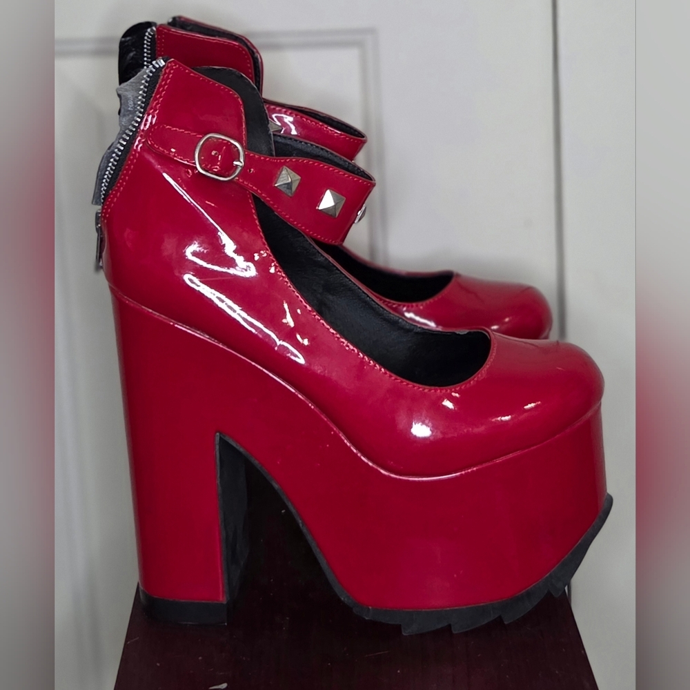 Demonia Red Platform Shoes with Studded Strap - Picture 2 of 4